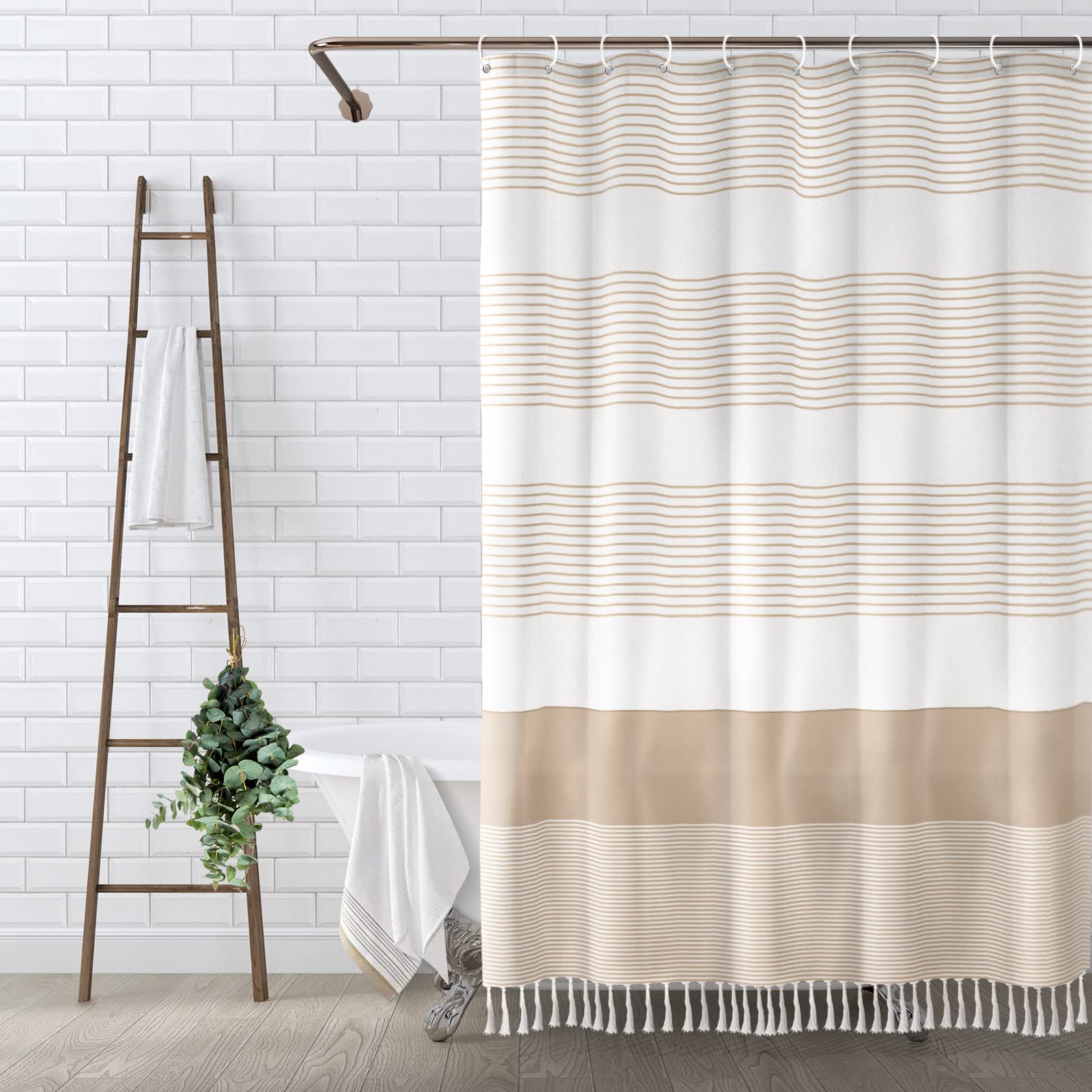 Awellife Boho Beige Shower Curtain For Bathroom Stripe Knotted-Tassel Shower Curtain 72 X 72 Inches Natural Linen